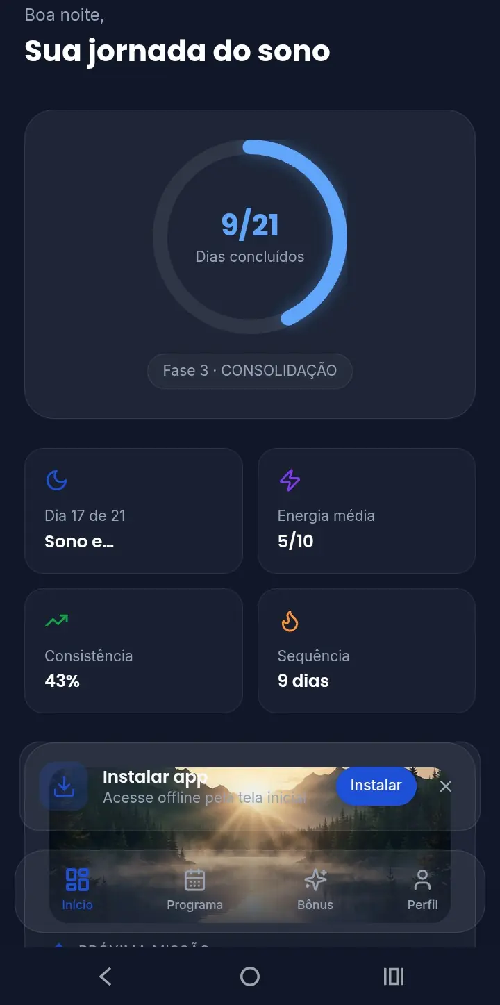 Jornada e progresso do programa do Biohacking do Sono