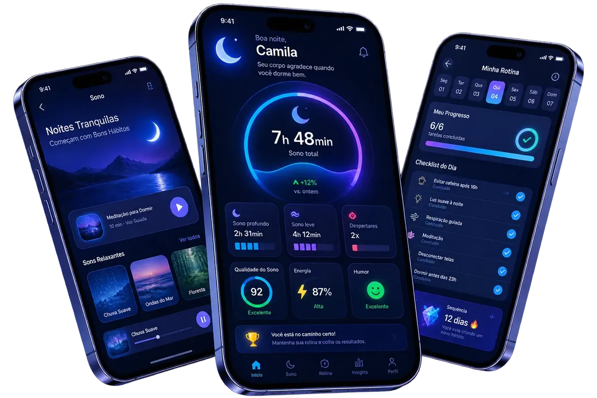 Painéis e recursos do app Biohacking do Sono do Biohacking do Sono
