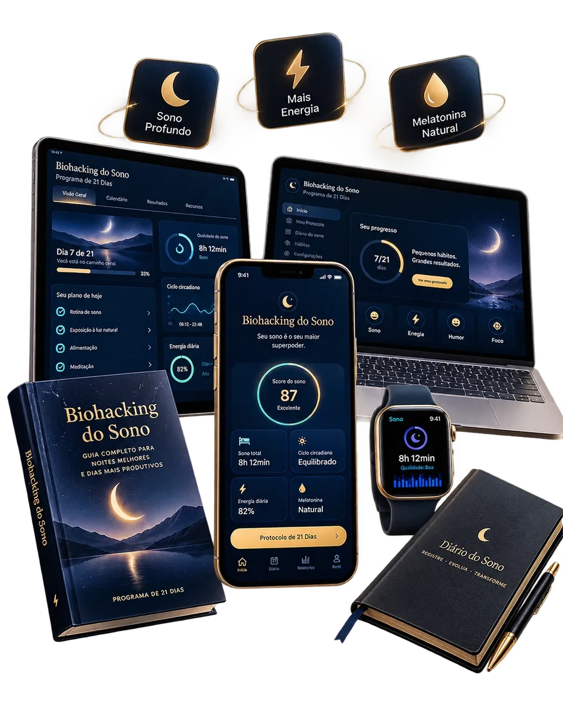 Mockup do app Biohacking do Sono com telas em computador, celular e relógio, além dos materiais do programa